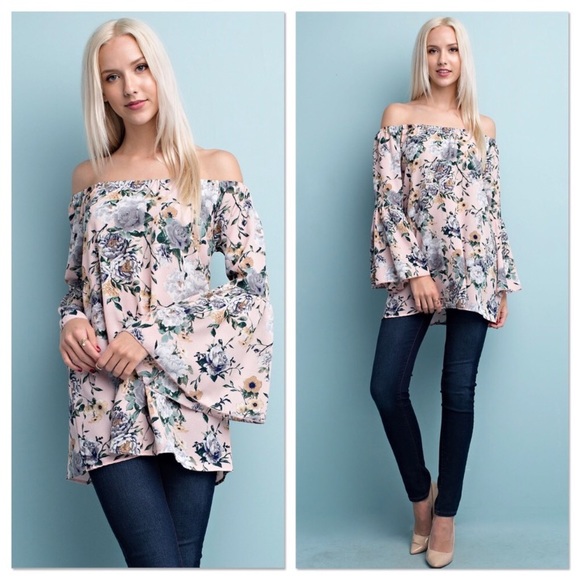 Lavender Moon Tops - 🚨 SALE! Blush Floral Off Shoulder Bell Sleeve Top